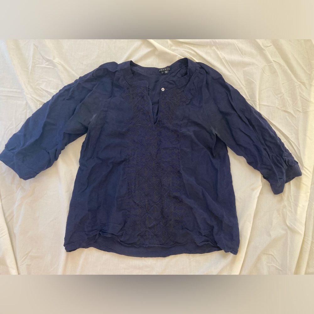 Embroidered Navy Blue Theory Blouse with 3/4 Balloon Sleeves Size Large